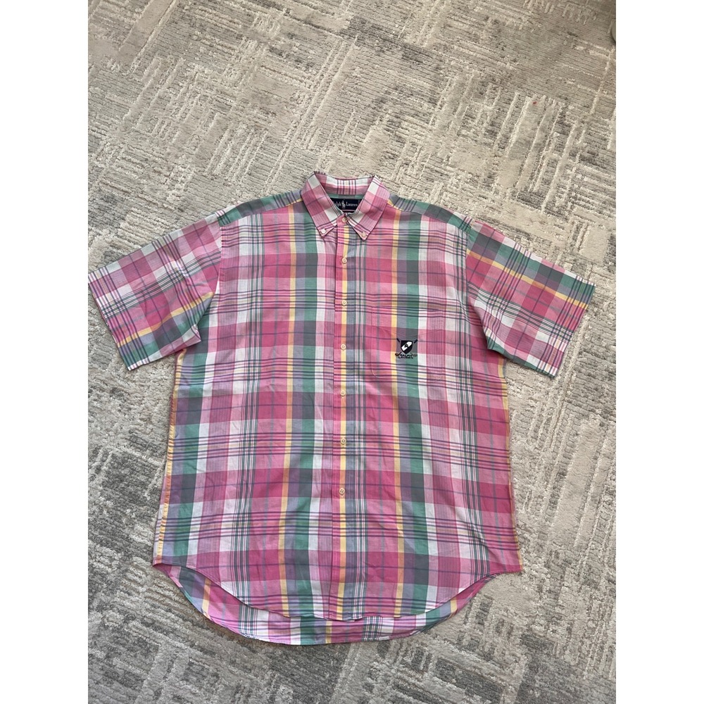 Ralph Lauren Tilden Cotton Plaid Short Sleeve Button Down Shirt Pink Green Mens